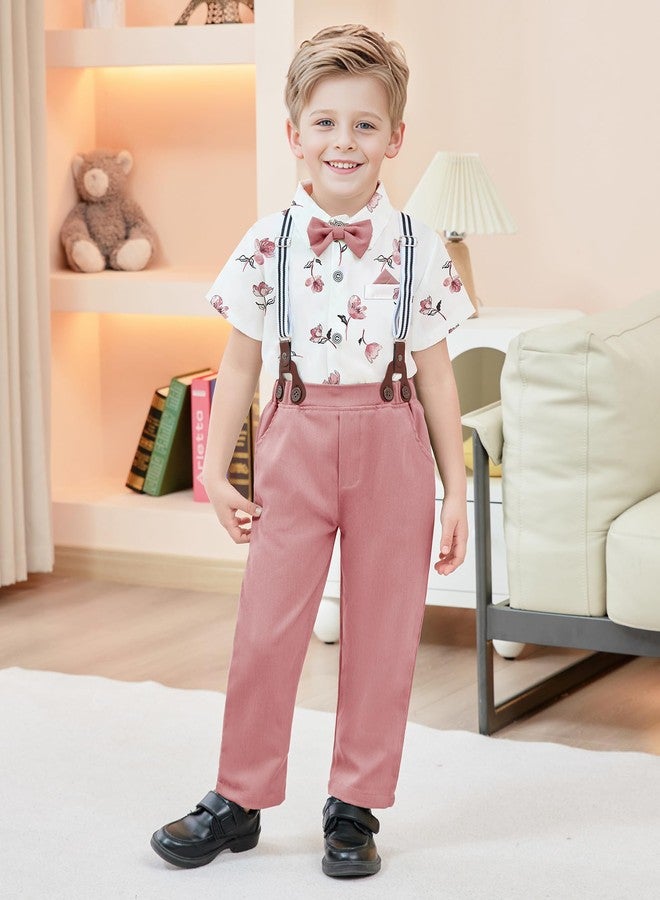 nilikastta Boys Wedding Outfit Toddler Boy Formal Outfit Pink Short Dress Shirt With Bowtie/Suspender Pants 3-4T. - Image 2